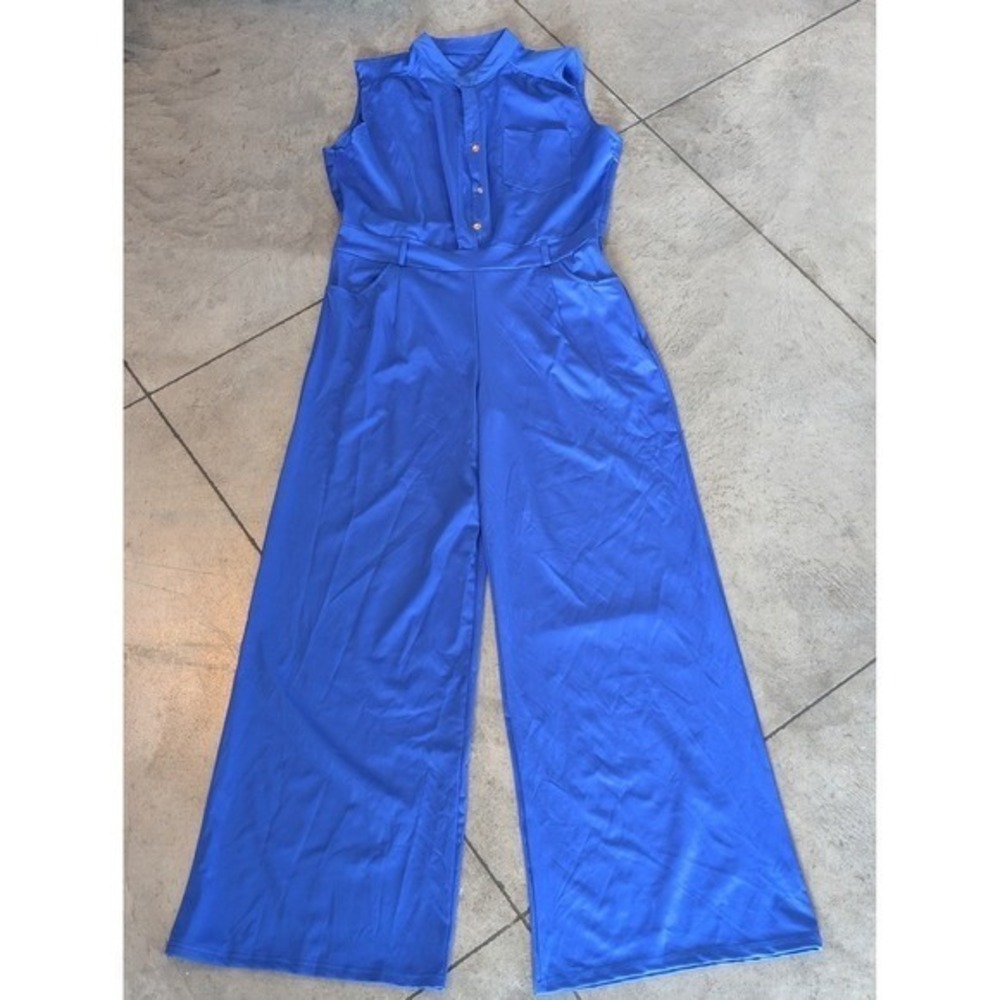 Sleeveless Wide Leg Jumpsuit Collared Top Button Front-Photos/Desc for Size - Picture 2 of 9